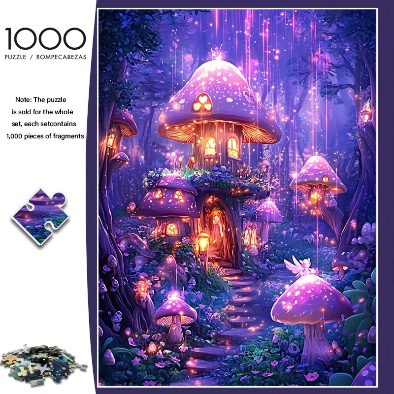 

Enchanted Glowing Mushroom House Forest Scene Jigsaw Puzzle Adult Fantasy Theme Intellectual Game Home Leisure Decorative Puzzle