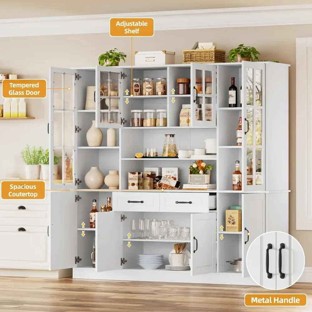 

71 Tall Kitchen Pantry with Glass Doors, 63'' Wide Storage Cabinet with Drawers & Shelves, Large Kitchen Hutch China Cabinet
