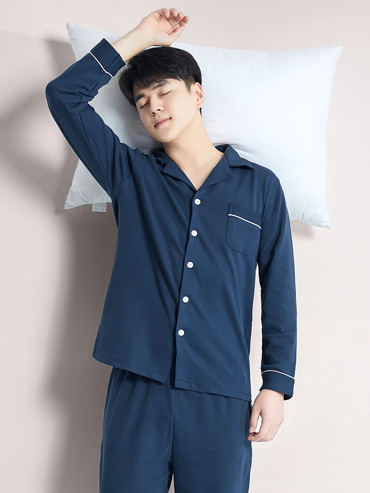 Blue Cotton Pajamas Winter Men Sleepwear Nightwear Full Sleeves PJ Pijama Hombre Home Clothes 2 Pieces Set Cotton Pyjama Homme