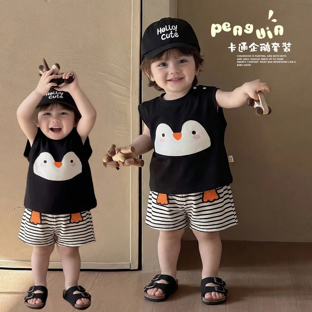 

Летний комплект из 2 предметов для маленьких мальчиков и девочек, милый жилет без рукавов с принтом пингвинов, топ и шорты, мягкая дышащая одежда для малышей, От 0 до 3 лет