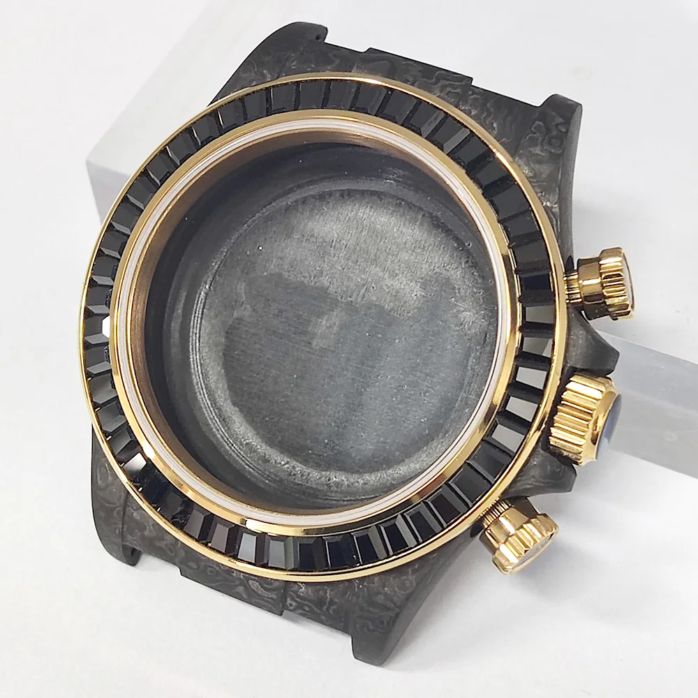 4130 VK63 case 38mm Multifunctional Men's watch Black gemstone bezel Sapphire glass carbon fiber case Fit VK63 4130 movement
