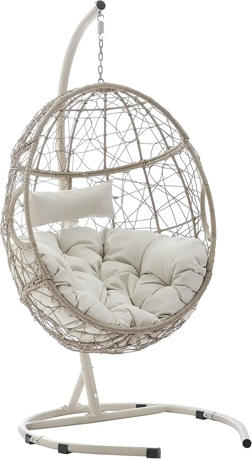 KO70230LB Cleo Indoor/Outdoor Wicker Hanging Egg Chair with Stand, Light Brown with Sand Cushions