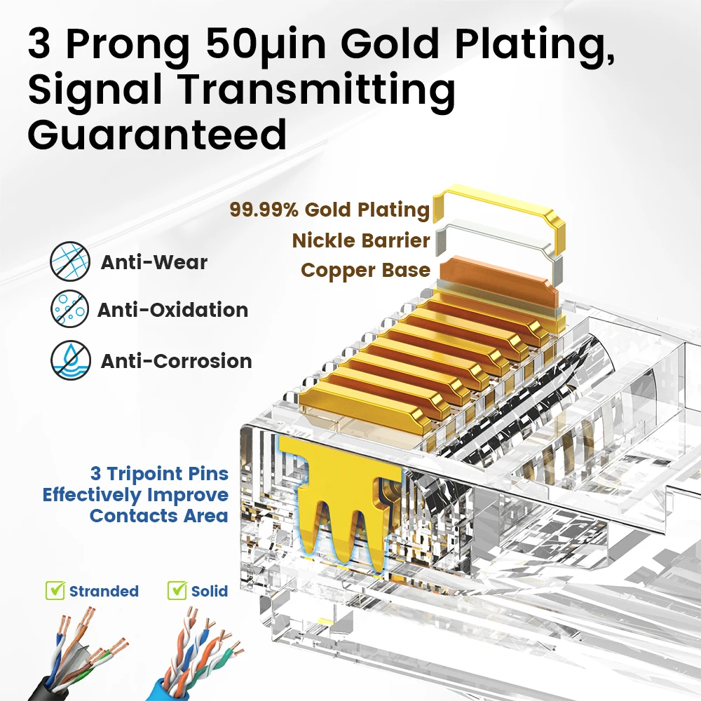 AMPCOM RJ45 Connector 50U Gold Plated CAT7 CAT6 CAT5E Pass through Modular Plug 8P8C Crimp End for Solid Wire Stanrded Ethernet