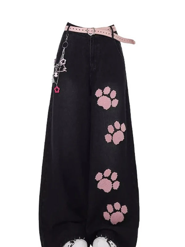 Spring And Summer Straight Denim Trousers For Women New Embroidery Sweet Cute Wide-leg High Waist Design Jeans Pants