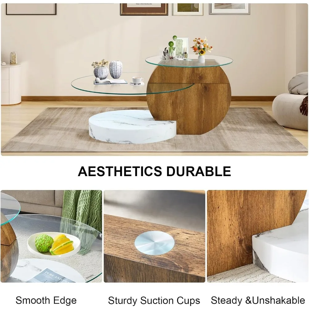 Round 3-Tier Glass Coffee Table with Modern Storage - Tempered Clear Glass Top and Wooden Base for Contemporary Living