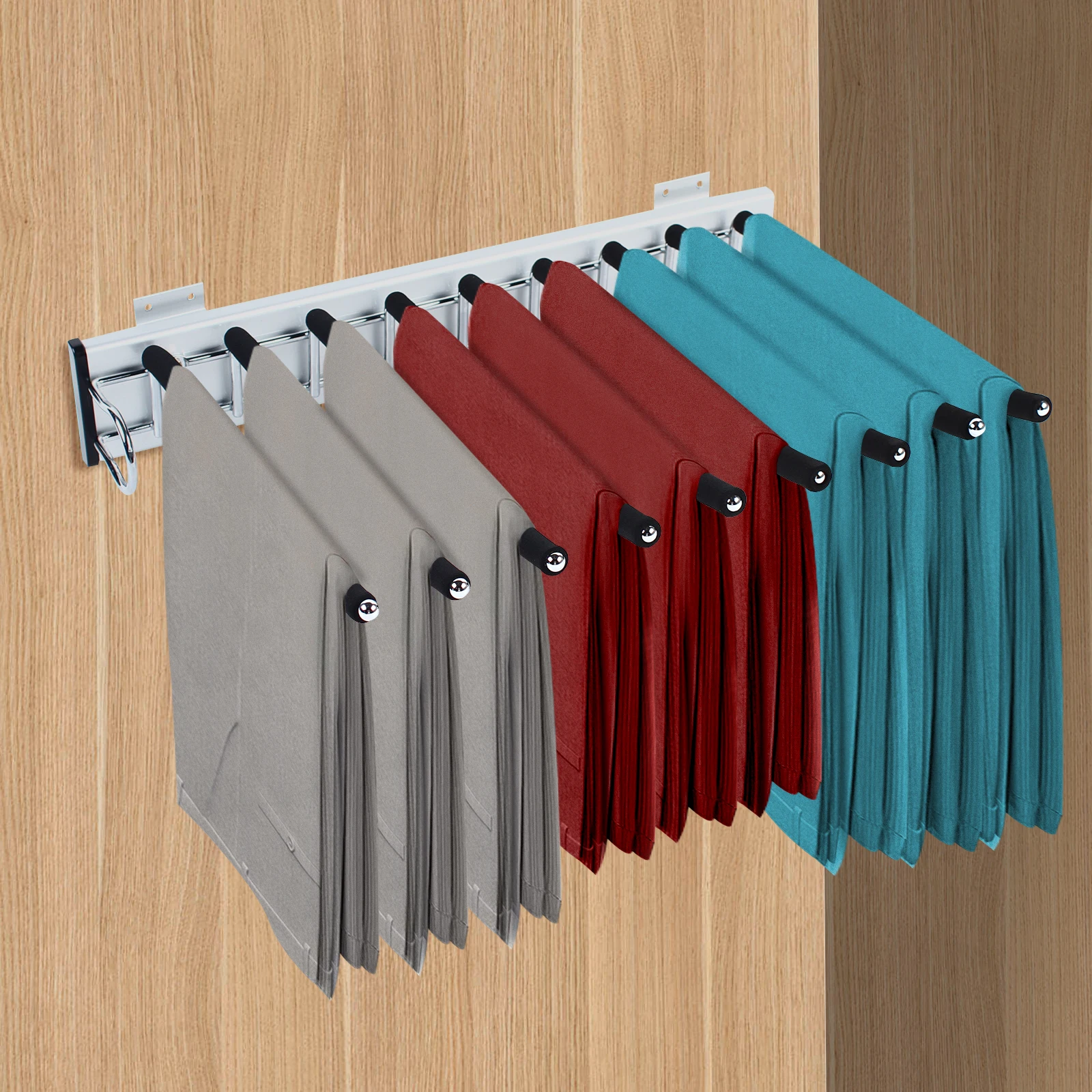 Heavy Duty Wardrobe Pull-Out Trouser Rack W/ Silent Rail Left Mounting Steel Rack 9 Neatly Arranged Rods