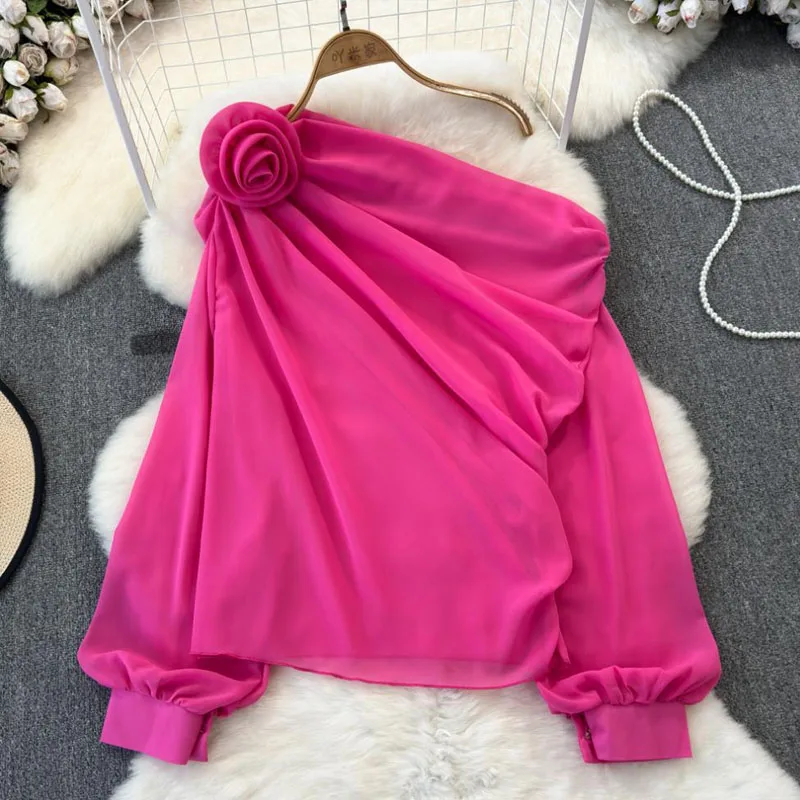 BKQU Women Sexy Off Shoulder Chiffon Blouse Elegant Lantern Sleeves 3D Flower Shirts Fashion Streetwear Party Mesh Tops 2026 New