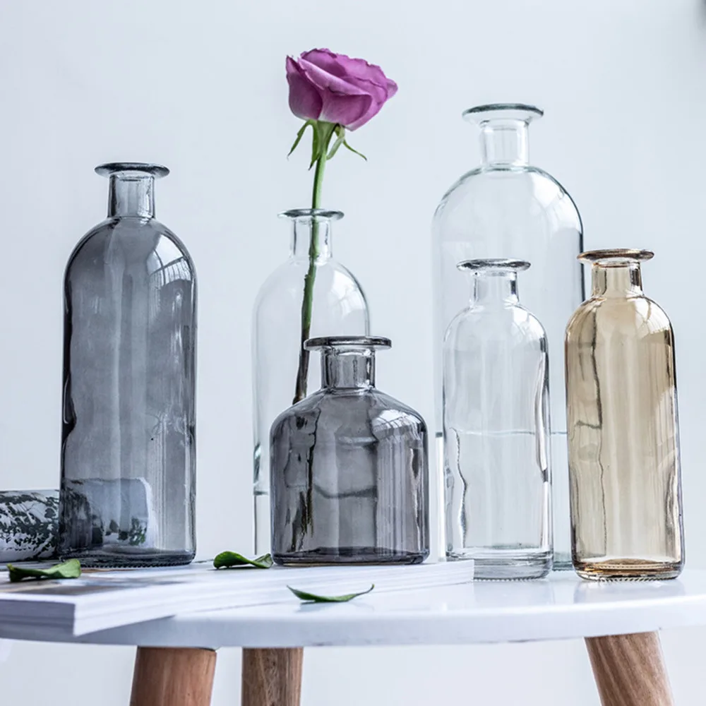 Nordic New Colored Glass Vase Transparent Small Mouth Flower Ornaments Hydroponic Living Room Ornaments Crafts