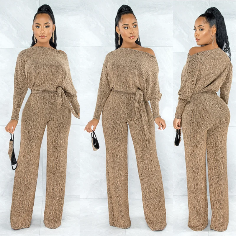 

2025 NEW European and American New Jumpsuit Off-the-shoulder One-neck High Waist High Stretch Loose Long-sleeved Trousers