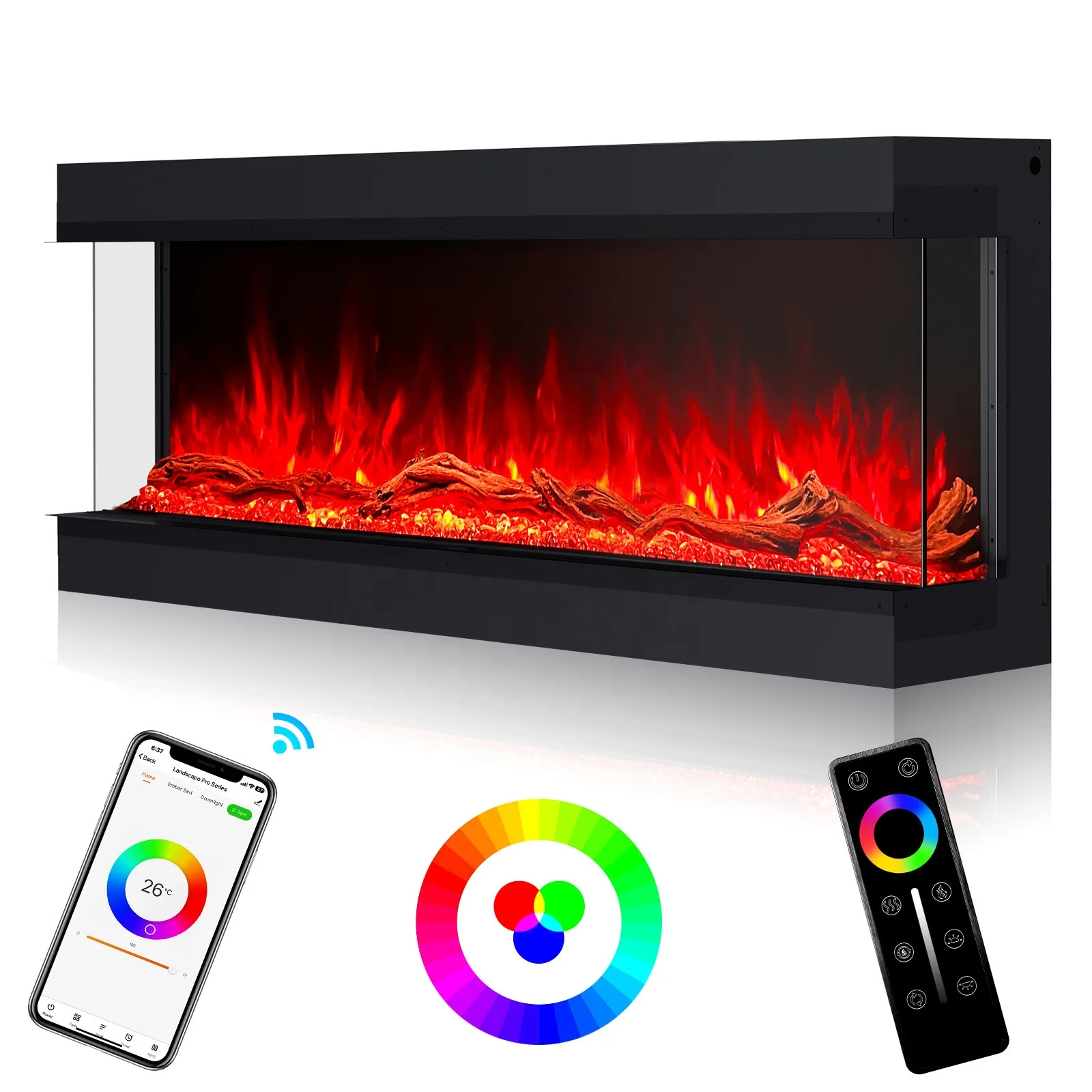 Best Quality 3 Sided Electric Fireplace Heater 44 56 68 80 96 Inch Double Sided Electric Fireplace WIFI APP