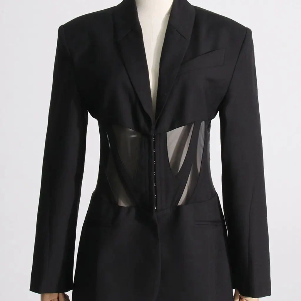 

Women's Slim-Fit Suit Coat Casual French Style Fishbone Waist Mesh Stitching Small Perspective Summer Jacket