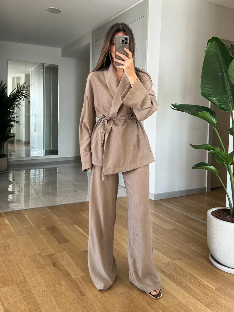 2024 Plain Color Suit for Women Kimono Style Outerwear with Deep V Lapel and Pants Casual 2-Piece Long Sleeve Set Fall 2024