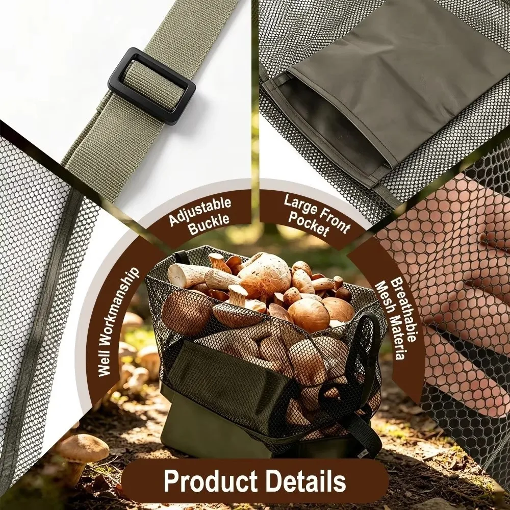 Multi-function Outdoor Picking Bag Adjustable Shoulder Strap Large Capacity Mushroom Foraging Bag Foldable Design