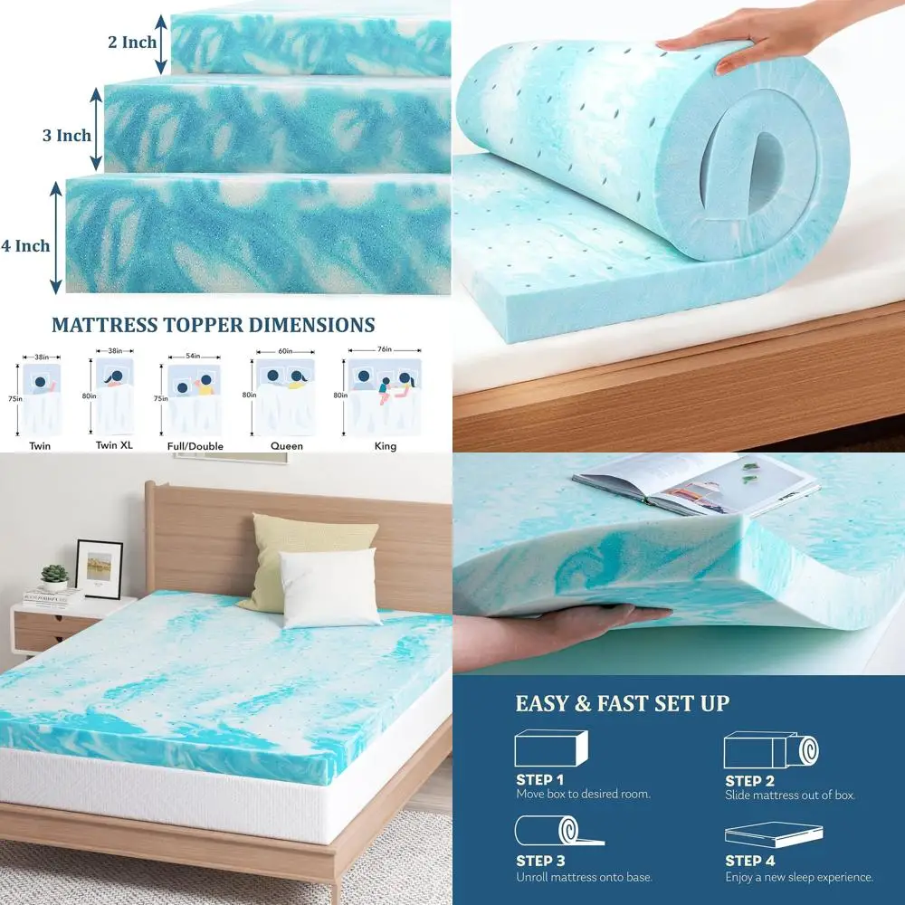 

4 Twin XL Gel Memory Foam Topper - Pressure Relief, Ventilated, CertiPUR-US Certified, 38x80, Medium Firm