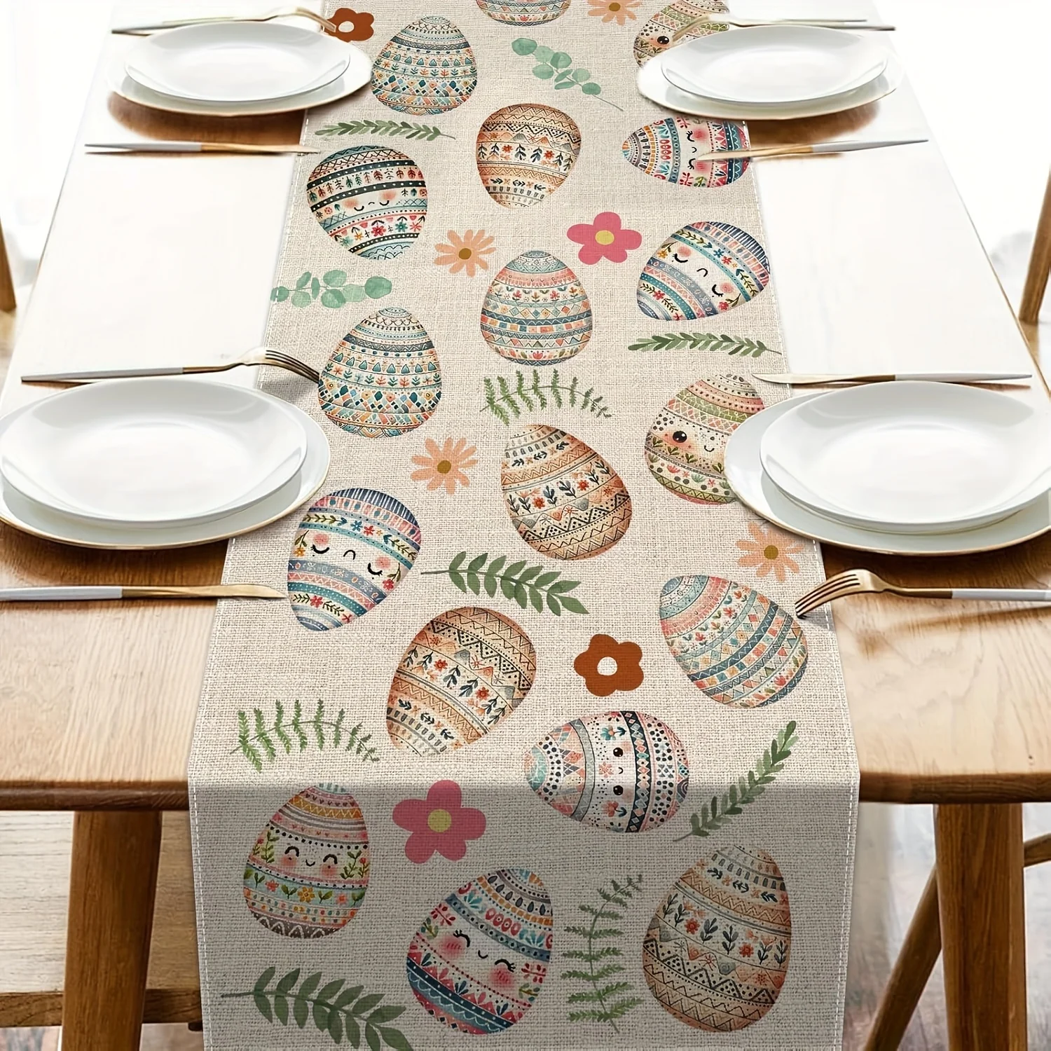 1 Stück Leinen-Ostereier-Tischläufer mit Blattmuster – weiße Frühlings-Eierschalen-Dekoration, Esstisch, elegante Feiertags-Party-Dekoration