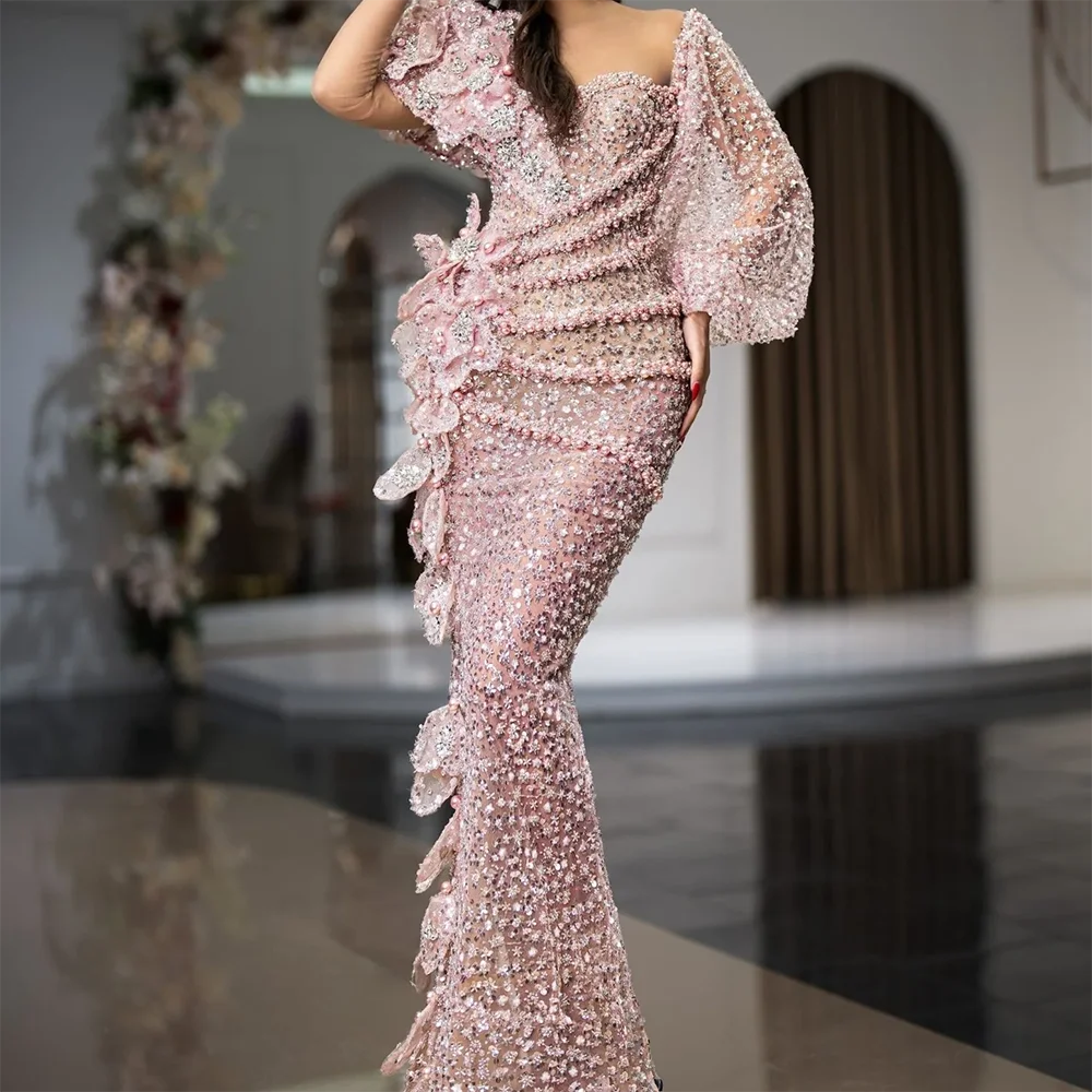 

Luxury Sequined Pink Sparkly Beading Flowers Straight Formal Evening Dresses Birthday Party Prom Gowns Customized