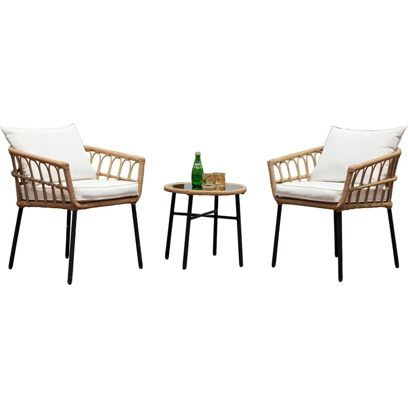 

Homsido 3-Piece Outdoor Rattan Patio Furniture Set, Bohemian Simple Wicker Patio Chair Conversation Indoor Sets with Coffee Tabl