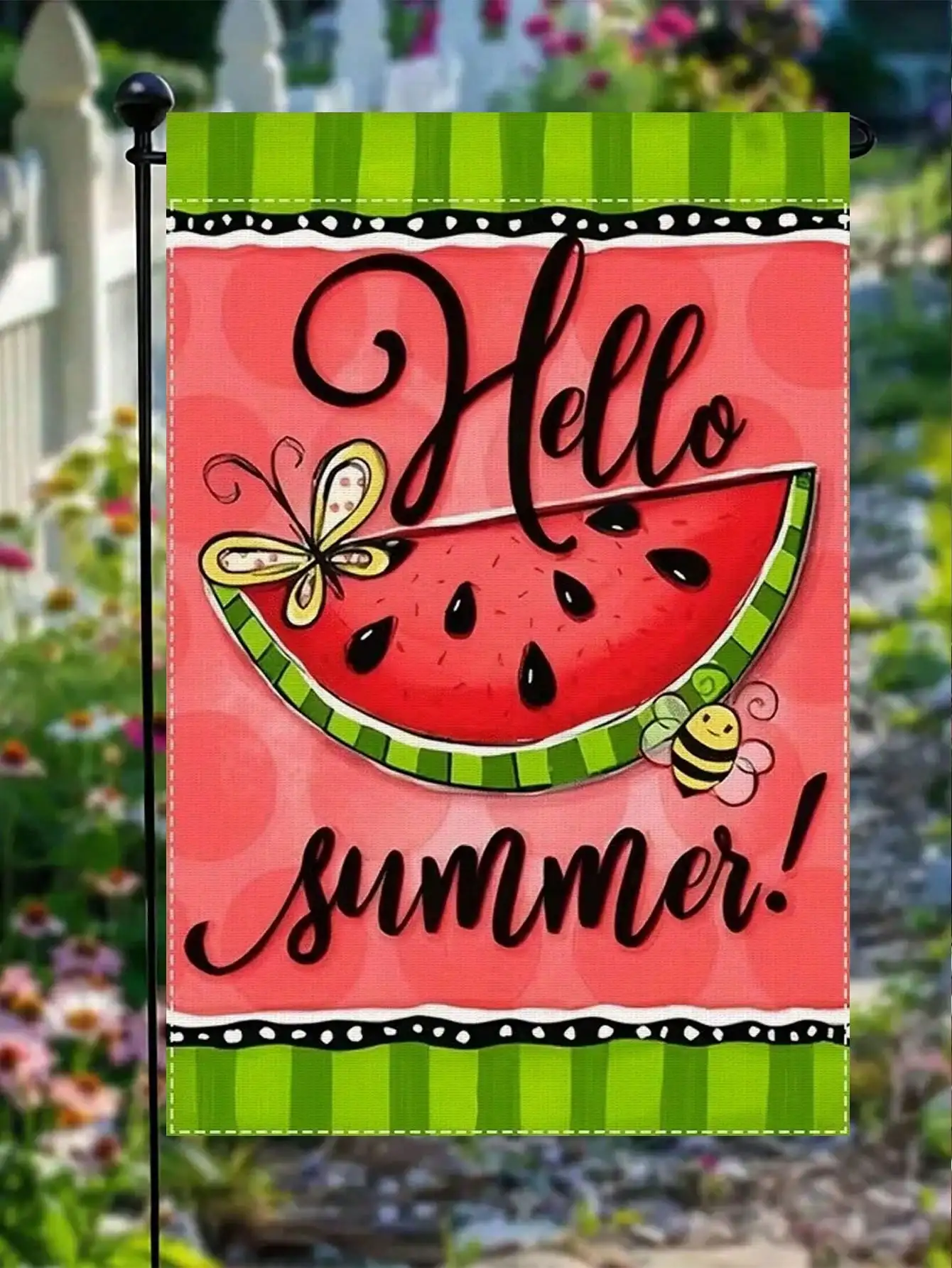 

1pc "Hello Summer" Garden Flag, Double-Sided Watermelon Design, Suitable for Outdoor Decor, Durable Linen Material