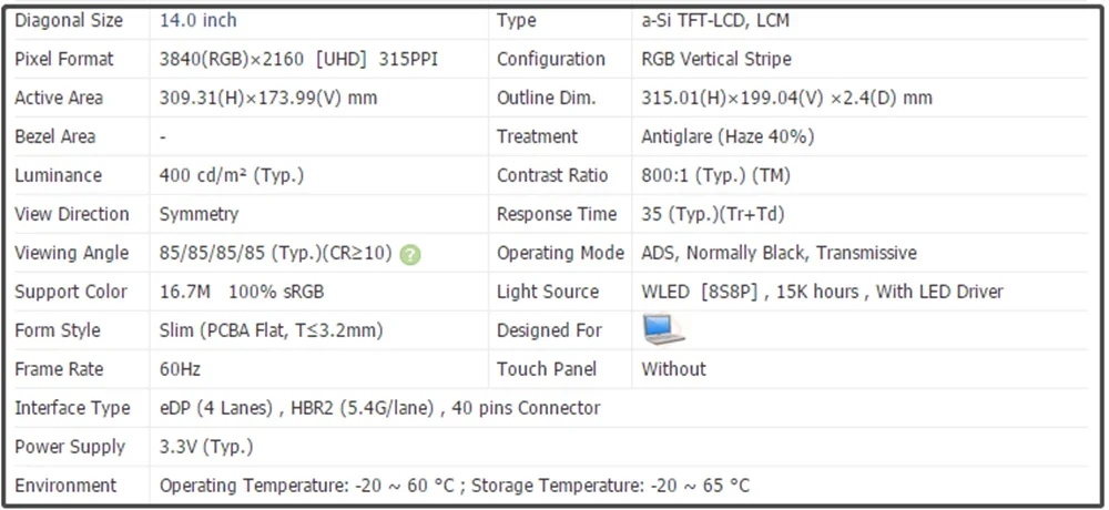 14 inch LCD Screen Panel 3840(RGB)×2160 UHD 315PPI IPS EDP 40pins 400 cd/m² 60Hz Non-touch 100% sRGB NV140QUM N61 NV140QUM-N61