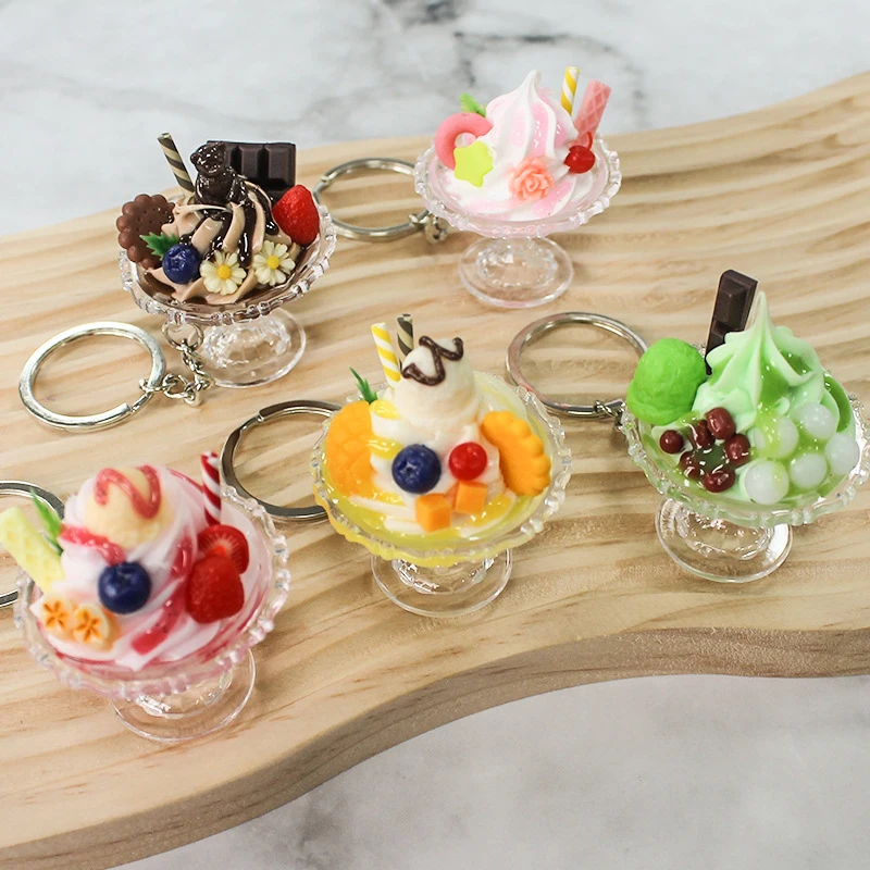 Simulation Ice Cream Keychain Creative Food Key Chains For Women Cute Imitation Sundae Dessert Cup Bag Pendants Key Ring Gift