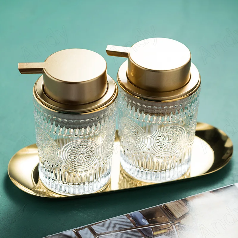 European Glass Soap Bottle Golden Stroke Decorative Desktop Shampoo Press Bottle Set Modern Relief Home Bathroom Accessories