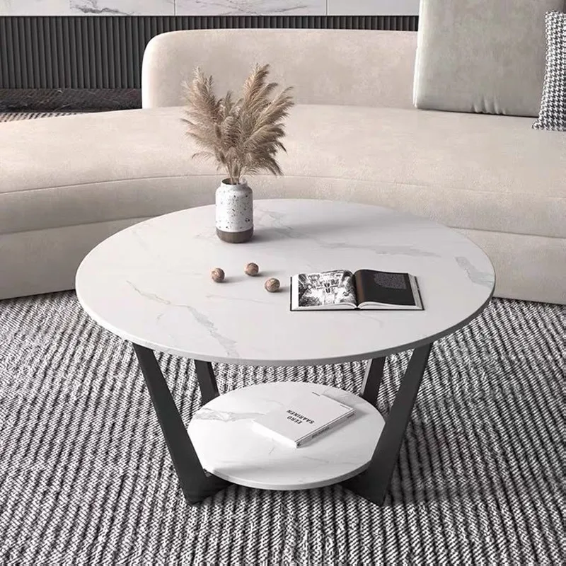 

Simple modern rock slab round coffee table combination small apartment Nordic double-layer coffee table light luxury
