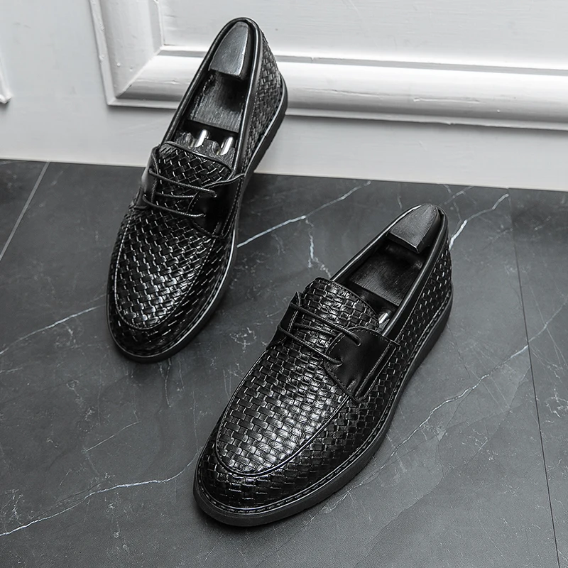 Men Weave Pattern Lace-up Loafers Fashion High Quality Leather Shoes Summer Slip-on Elegant Business Driving Pea Shoes Black