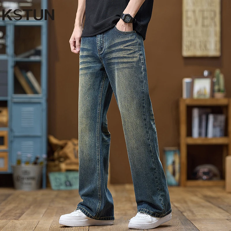 

KSTUN 2025 Loose Flared Jeans For Men Bootcut Denim Pants Retro Blue Streetwear Vintage Jeans Men Trousers Cowboys Large Size 40