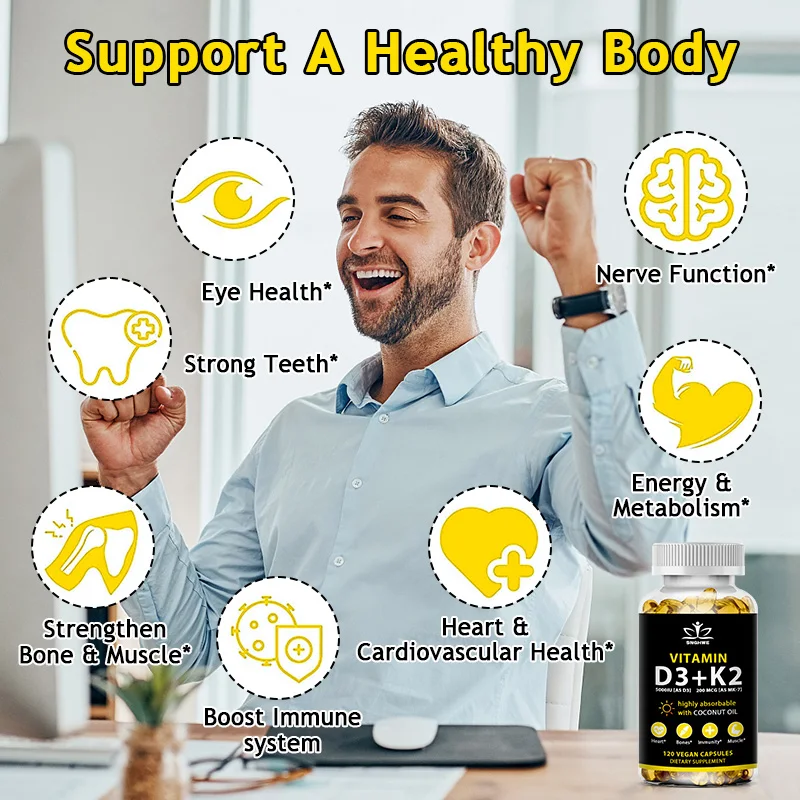 Vitamin D3 K2 Capsules Daily Supplement Natural Coconut Oil  Healthy Immune System Heart and Bones Vegetarian Supplements