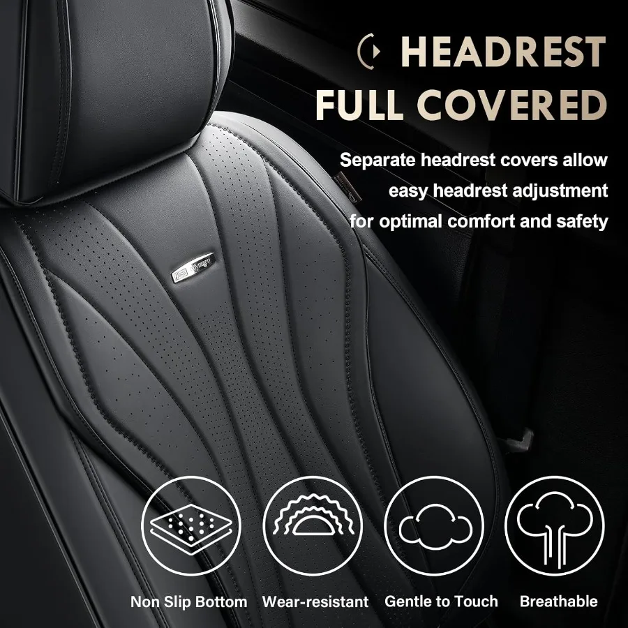 مجموعة كاملة من أغطية مقاعد السيارة الفاخرة المصنوعة من الجلد الصناعي باللون الأسود للمقاعد الأمامية والخلفية المقاومة للماء مع وسادة Unive