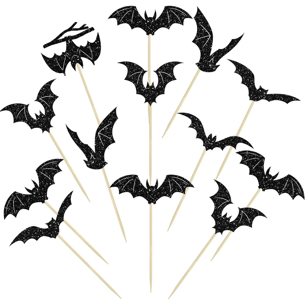 24. Halloween-Fledermaus-Cupcake-Topper, glitzernde Fledermaus-Kuchen-Karteneinsatz, für Kinder, Halloween, Geburtstag, Party, Kuchen, Dekorationszubehör