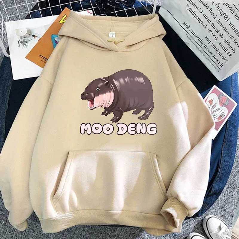 Moo Deng Face Cute Baby Hippo Hoodie Retro Women/men Hoodies Unisex Sweatshirt Vintage Kawaii Aesthetic Harajuku Winter Clothes