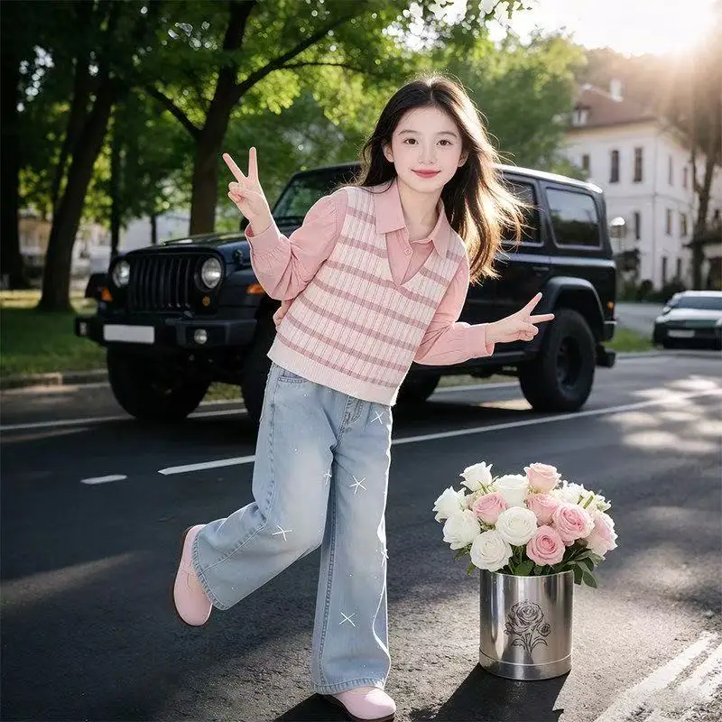 Girls' Spring and Autumn Set New Korean Edition Middle and Large Children's Knitted Vest Shirt Blue Jeans 3-Piece Set