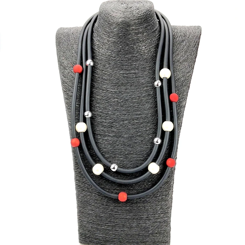 New Bohemian Style Double Layer Red And White Pearl Hand-designed Black Rubber Collar Ethnic Style Matching Jewelry Necklace