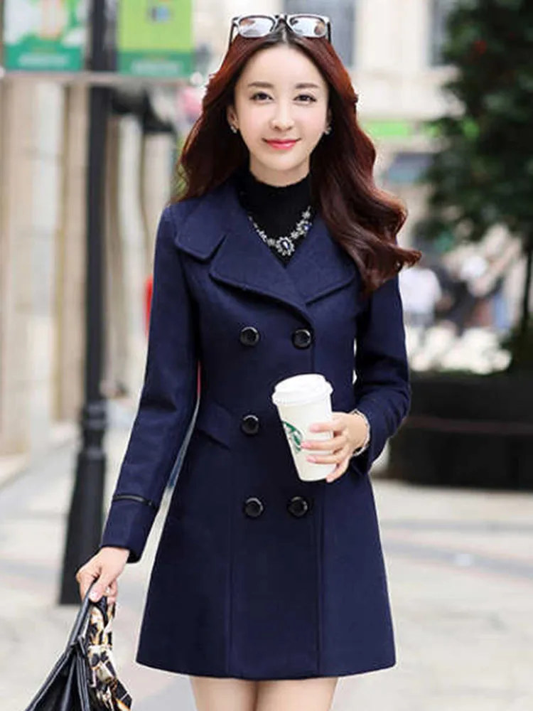 Autumn Winter Plus Size Jacket Womens Double Breasted Solid Color Coat Korean Slim Female Woolen Jacket Womens