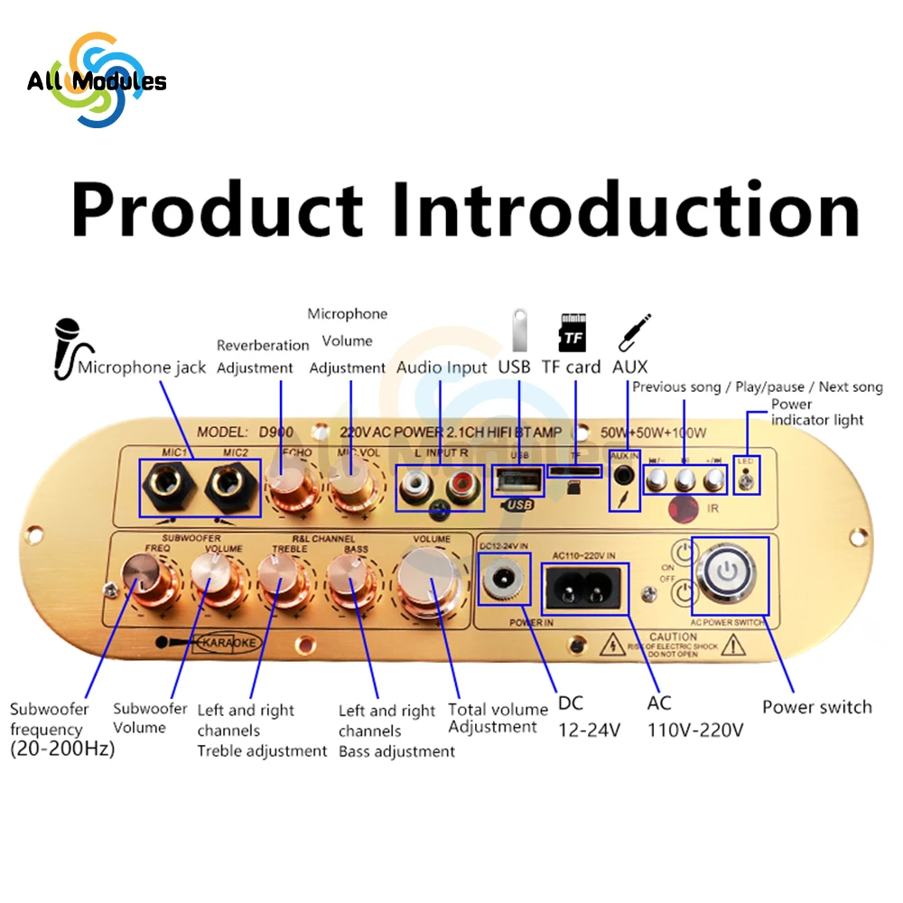 

D900 2.1 Channel Bluetooth Amplifier Board DC 12-24V / AC 110-220V 50W+50W+100W High Power Subwoofer Digital Amp Board for Home