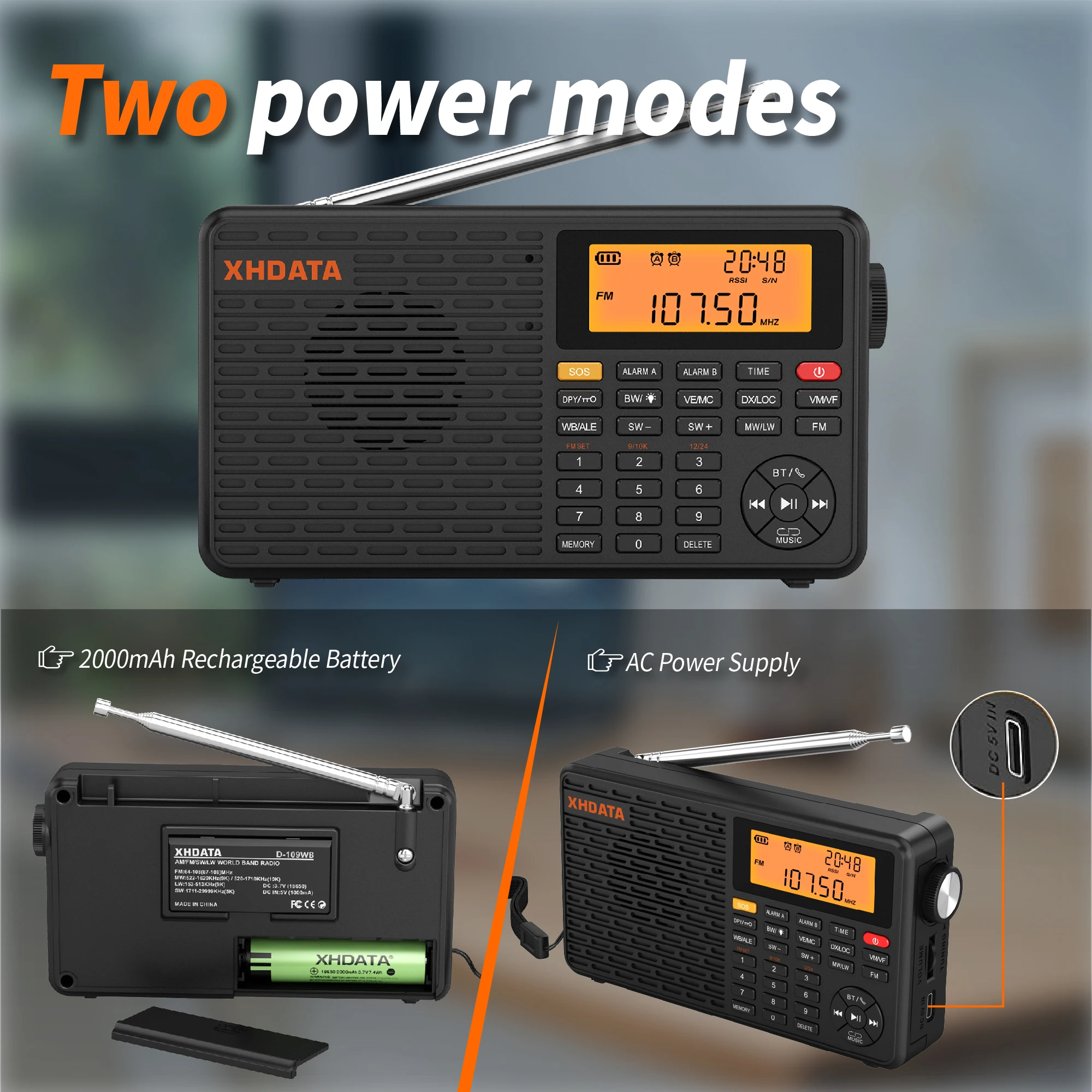 XHDATA D-109WB AM FM Stereo SW MW LW Digitaler Wecker Tragbares Radio mit wiederaufladbarem Akku USB-C und Wettervorhersage