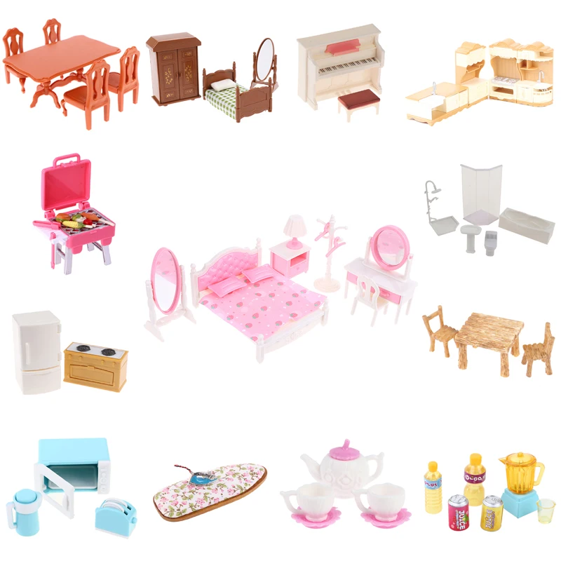 1Set 1:12 Dollhouse Miniature Pink Bedroom Dresser Bedside Table Bed Mirror Model Toy Play House Simulation Furniture Ornaments