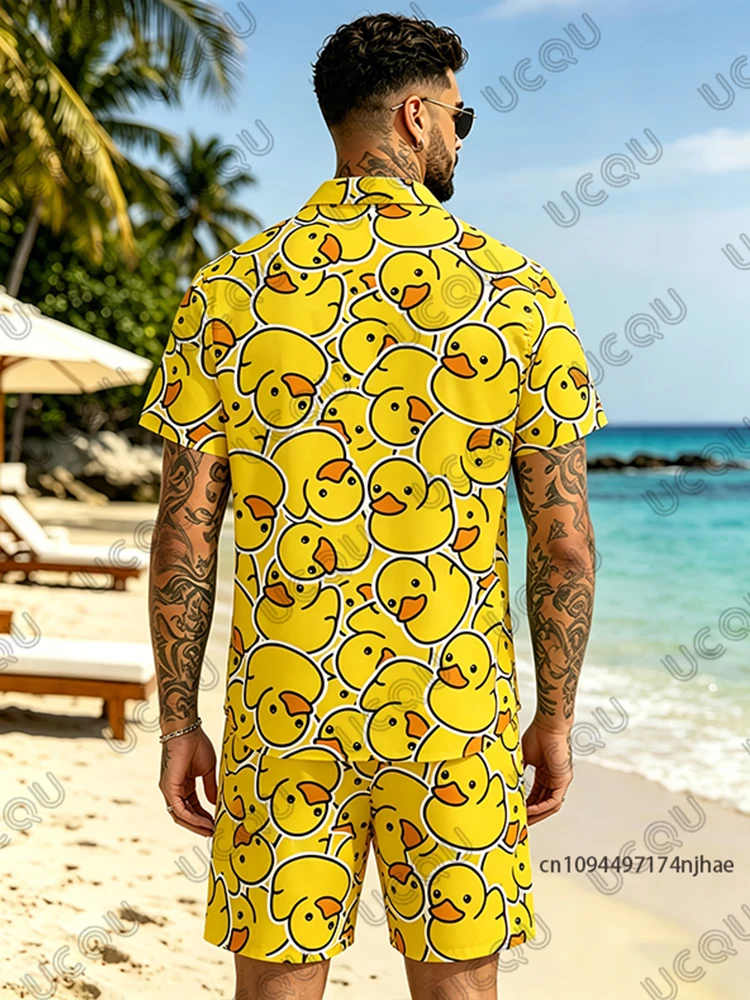 Summer Men's Tracksuit Cartoon Duck Print Lapel Short Sleeve Shirts+Shorts Sets Hawaiian Casual Suit Oversized 2 Piece Clothes