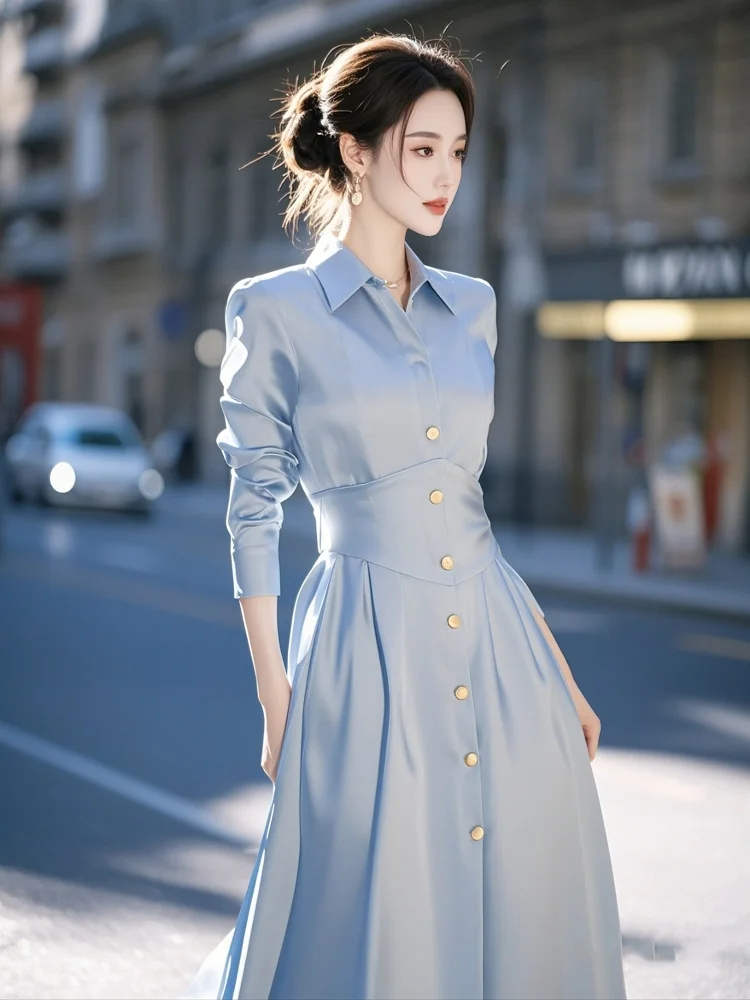

French Elegant Dresses Solid Color Turn Down Collar Long Sleeve Single Breasted Dress Spring Female Slim 2025 New Women Clothing