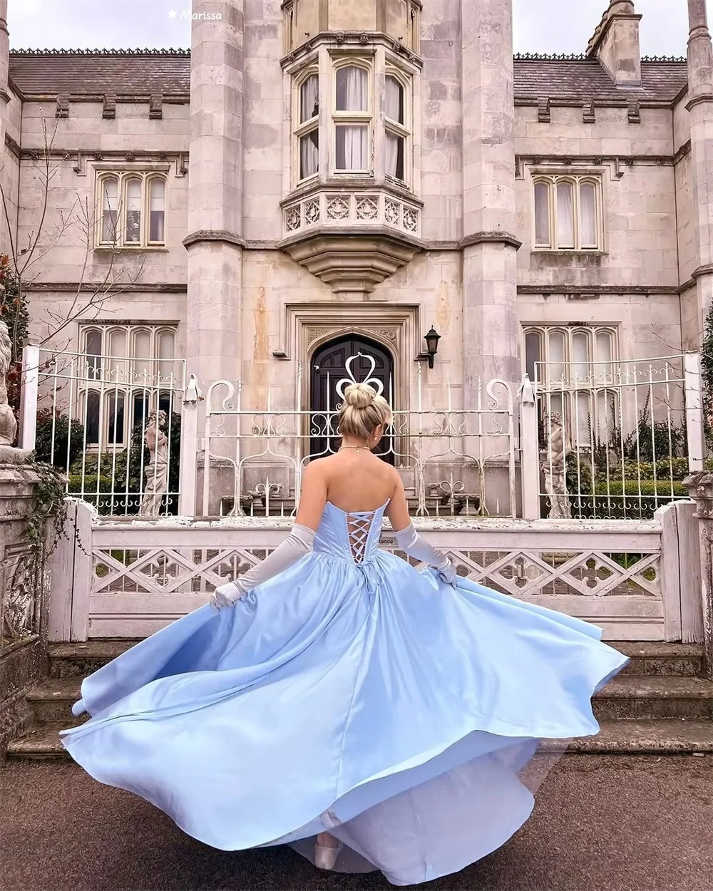 マリッサ イブニングドレス ウェディングパーティードレス カスタムメイド グロスサテン エレガントパーティードレス 女性用 高級 Aライン エレガント ブルー