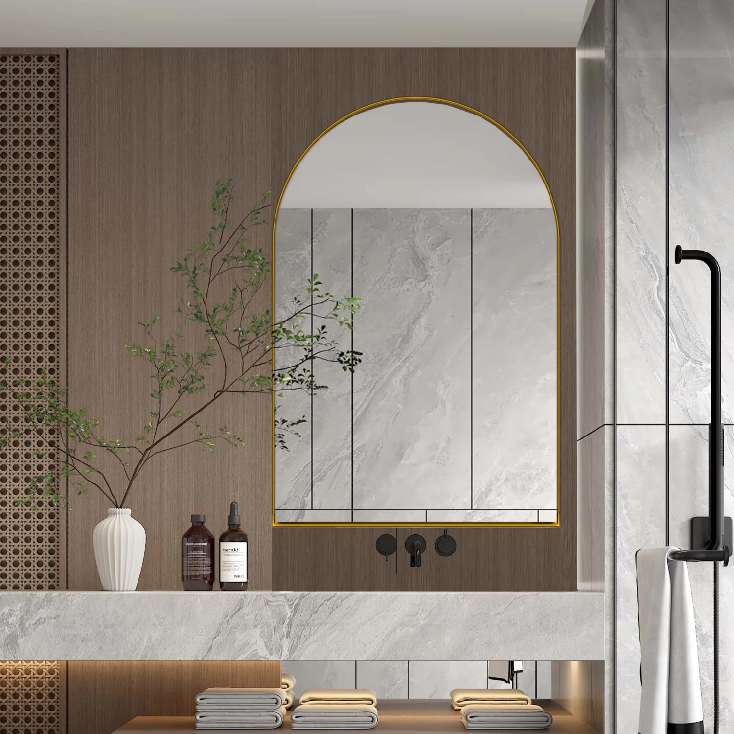 

Arched Recessed Medicine Cabinet, Metal Framed Bathroom Wall Cabinet with Mirror, Adjustable Shelves, Matte Gold