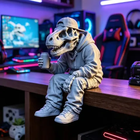 Urban Hip Hop Dinosaur Skull Statue Cool Leisure Coloring Cap Hoodie Dinosaur Figurine Ornament Decor Gamer Room Desk Edge Decor