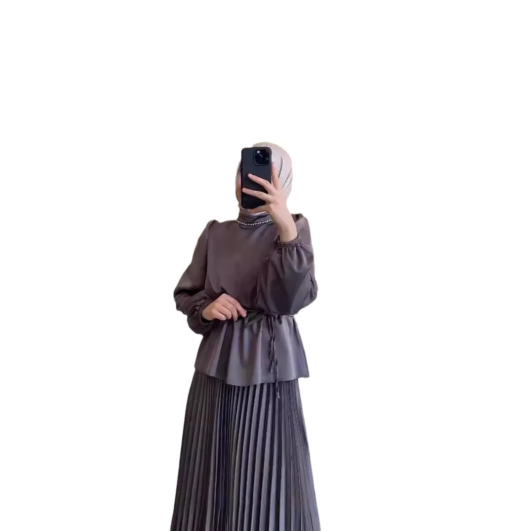 2-Piece Long Sleeve Shirt and Skirts Set for Women Elegant Abaya Dubai Turkey Islamic Casual Tops Monochromatic Skirt Fashion