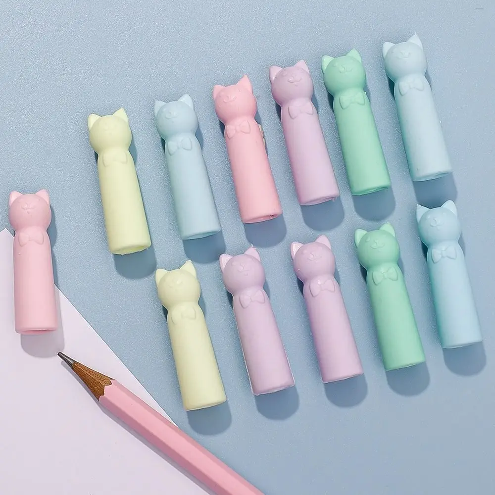 10PCS Cartoon Cat Shape Pencil Nib Protective Cap Correction Stationery 2 in 1 Pencil Extender Erasers School Office Supplies