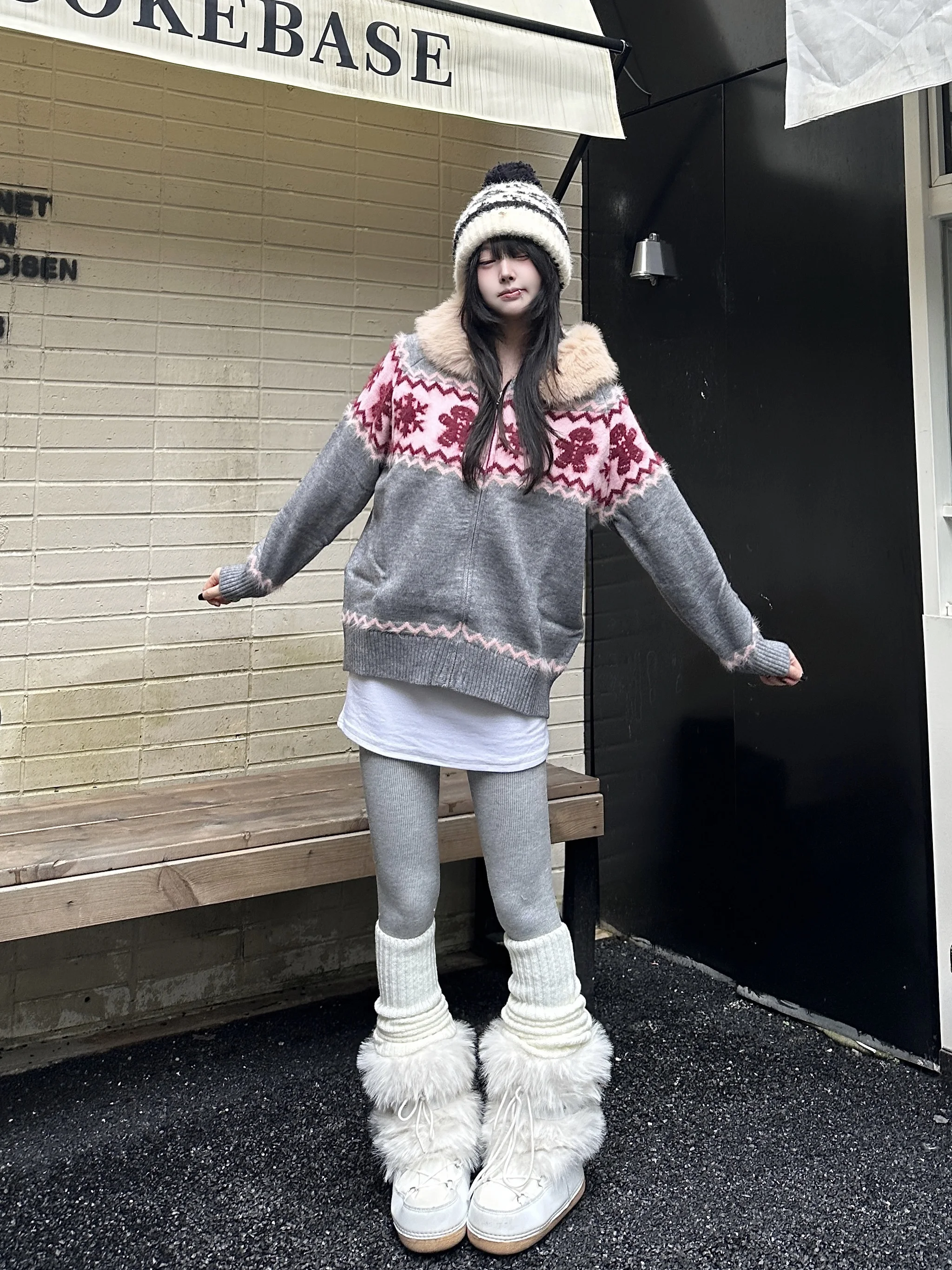 

Ретро-кардиган с воротником из искусственного меха и съемной вязаной шапкой, свободного кроя, для женщин, осень-зима, новинка