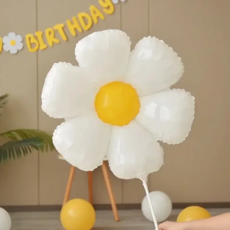 Large White Sunflower Daisy Flower Balloon Kids Birthday Party Foil Balloons with Air Pump for Baby Shower Decoration Photo Prop