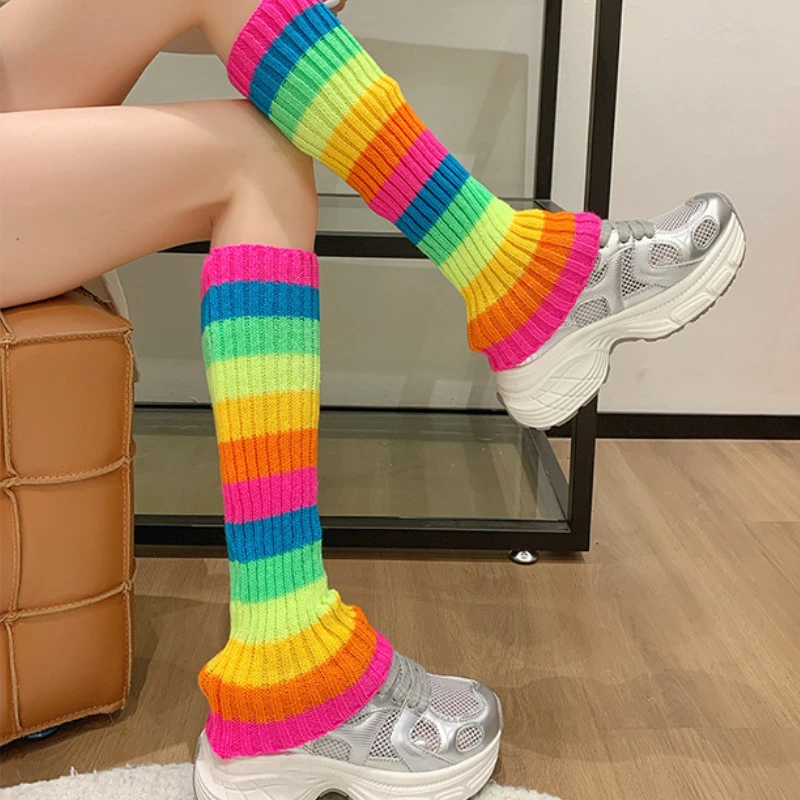 Women Colorful Knitted Retro Party Ribbed Knit Leg Warmers Sweet Jk Lolita Gothic Striped Leg Guard Y2k Foot Cover Slouch Socks