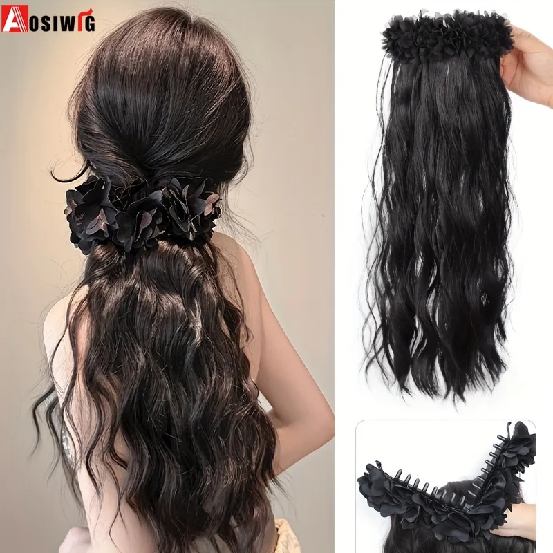 

Aosiwig Синтетический длинный вьющийся парик Зажим для когтей Цветок Пушистый парик Заколка для волос в хвост Парик для женщин Подходит для всех случаев