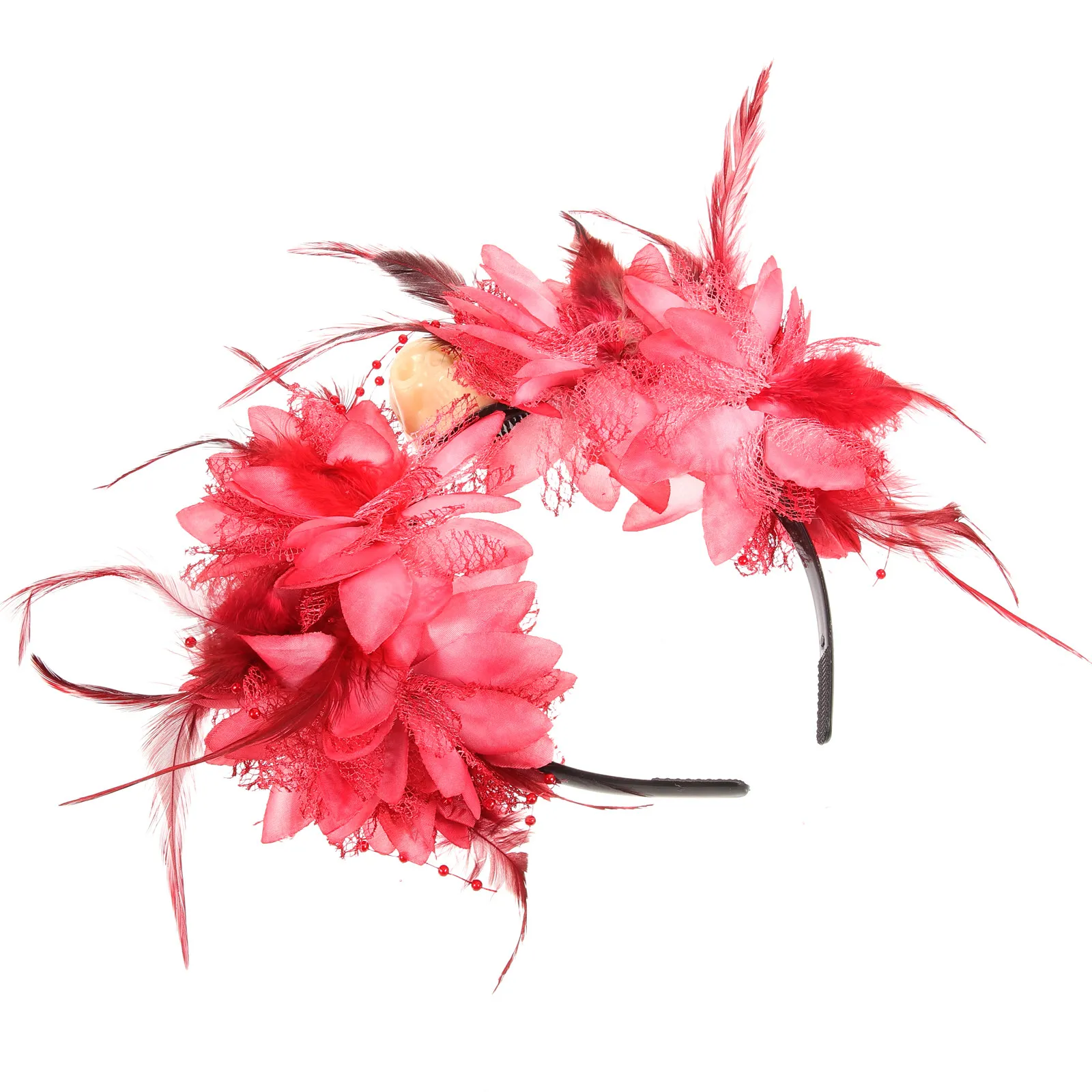 

Halloween Flower Headband Gothic Plume Skull Headpiece for Women Eye-Catching Color Matching Day of The Dead Festival Costume